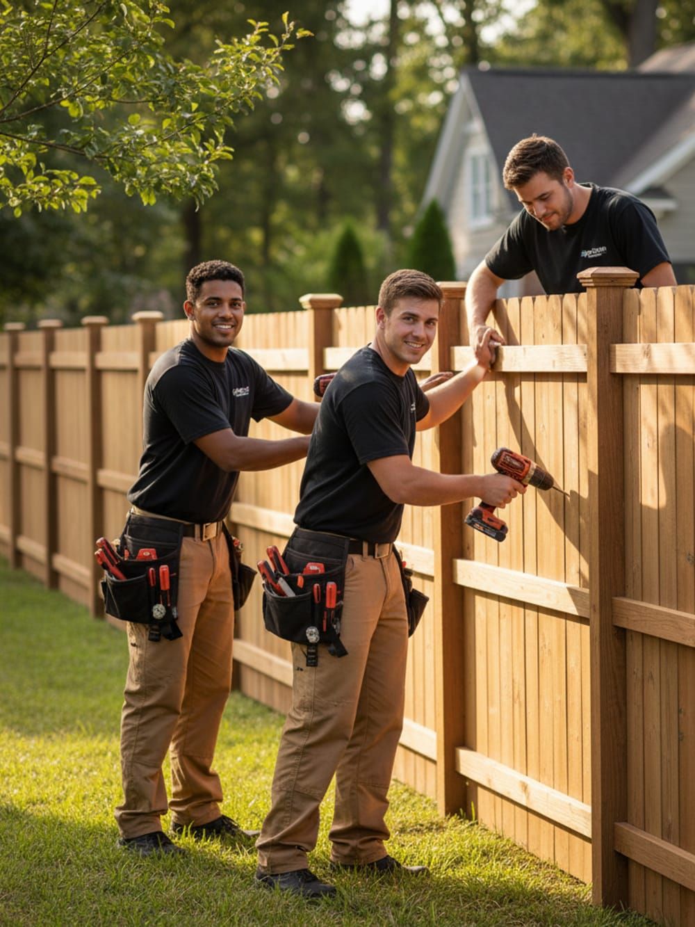 Professional fence repair technicians working on quality fence installation