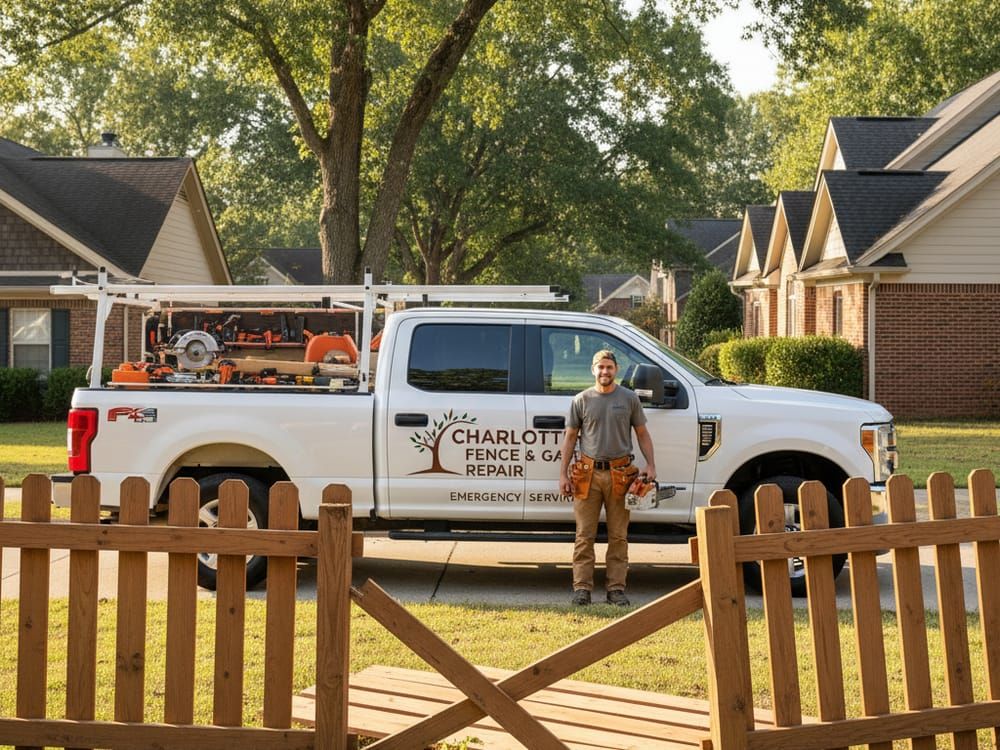 Emergency fence repair service truck responding to call in Charlotte neighborhood