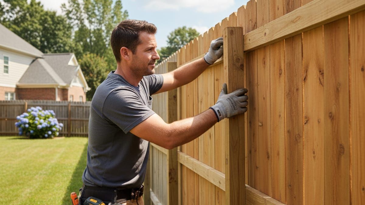 Professional fence repair service in Charlotte NC showing skilled contractor fixing wooden fence